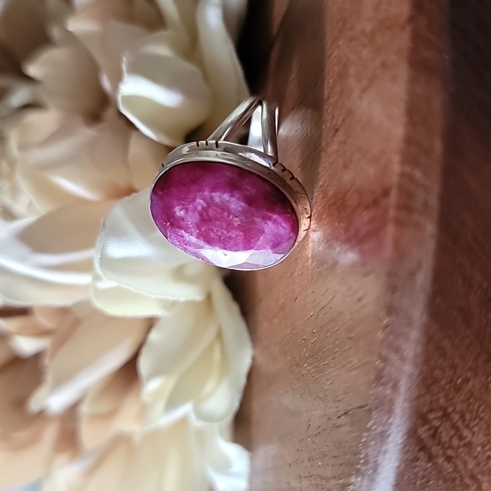 Solid Sterling Silver Natural Faceted Ruby Ring S… - image 1